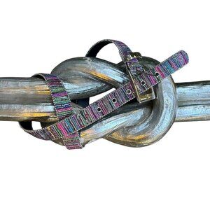 Vintage 70s 80s Rainbow Striped Embroidered Silver Beads Metallic Weave Belt